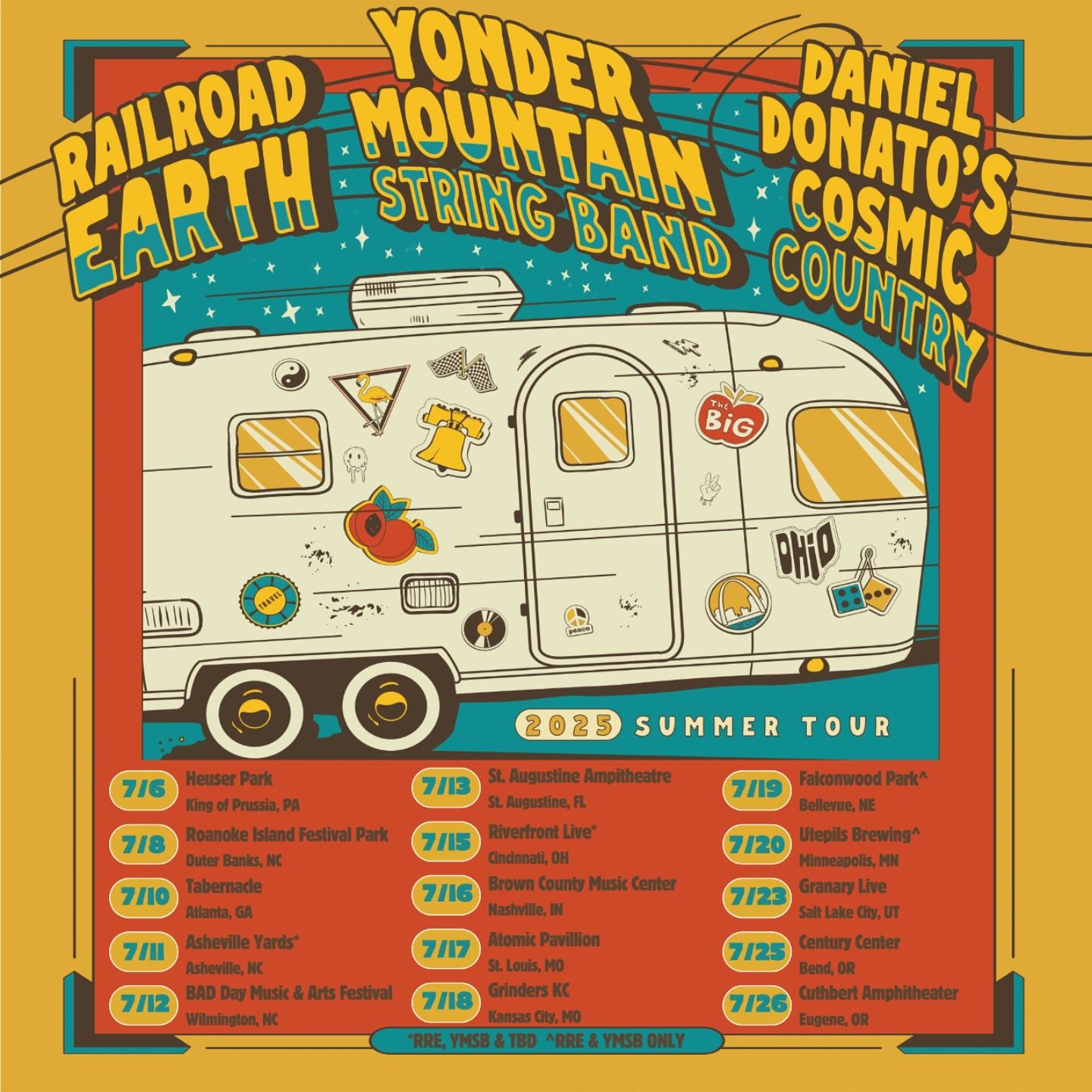 Summer is just around the bend 🌞 Yonder Mountain String Band + Railroad Earth + Daniel Donato’s Cosmic Country are teaming up for a run around the US. Find a stop on tour near you 📍