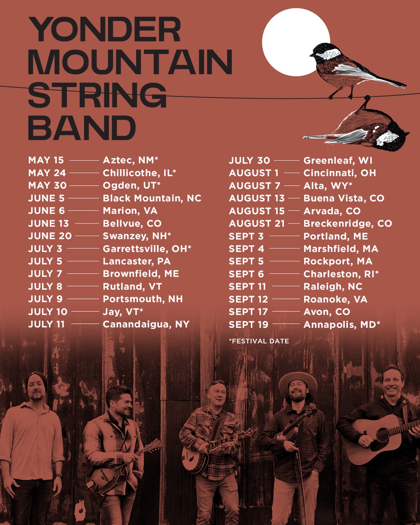 Longer days, louder nights… feels like summer. We’ve got THREE new shows we’re hitting the road for:

09/04 – Marshfield, MA
09/05 – Rockport, MA
09/11 – Raleigh, NC

Tickets on sale FRI 5/8 at 10am LOCAL! 

#yondermountainstringband #jamgrass #bluegrass #summertour